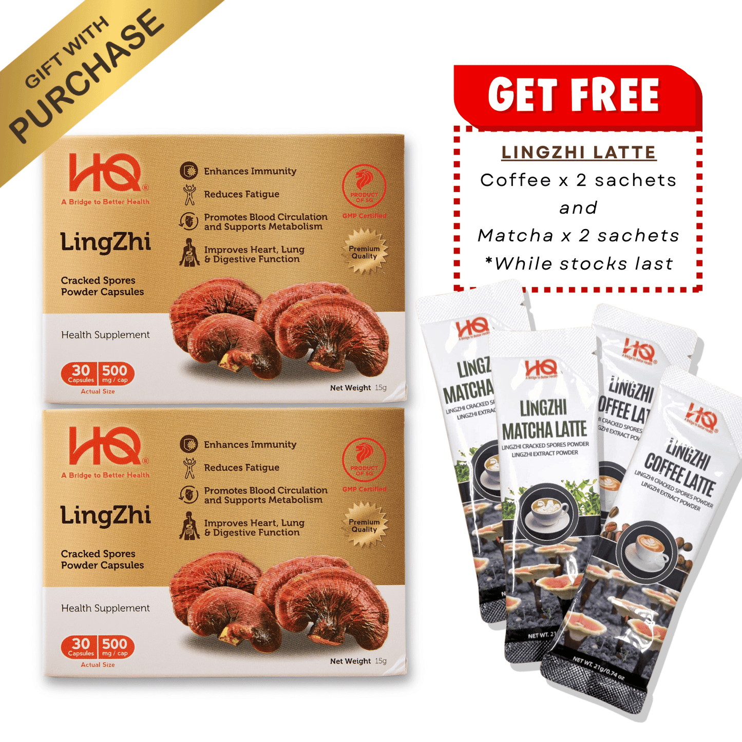 (Bundle of 2 + Free Gift) HQ Lingzhi 500mg Premium Cracked Spores Powder Capsules