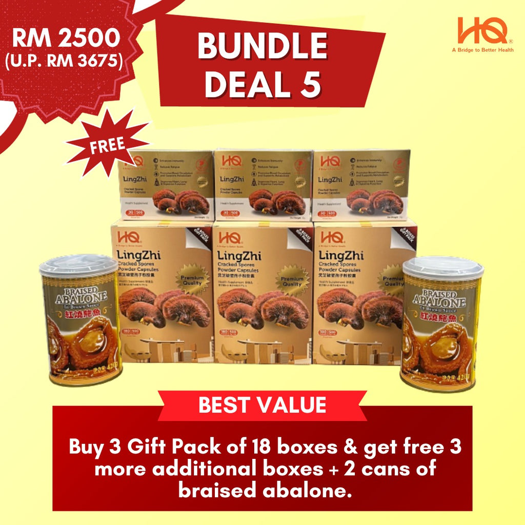 [Malaysia Only Promo] Bundle Deal 5 Special Package 2024 HQ Lingzhi Cracked Spores - 3 Gift Pack Of 6 Boxes (18 x 30 Capsules @500mg/each) + Additional 3 Boxes Lingzhi (3 x 30 Capsules @500mg/each) + 2 Braised Abalone Cans(usual price $1,080)