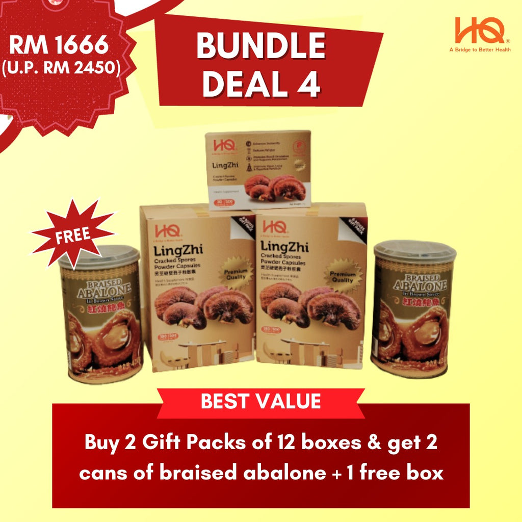 [Malaysia Only Promo] Bundle Deal 4 Special 2024 Lingzhi Cracked Spores - 2 Gift Pack (12 x 30 Capsules @500mg) + 1 Additional Box Free (30 Capsules @500mg) + 2 Can of Abalone