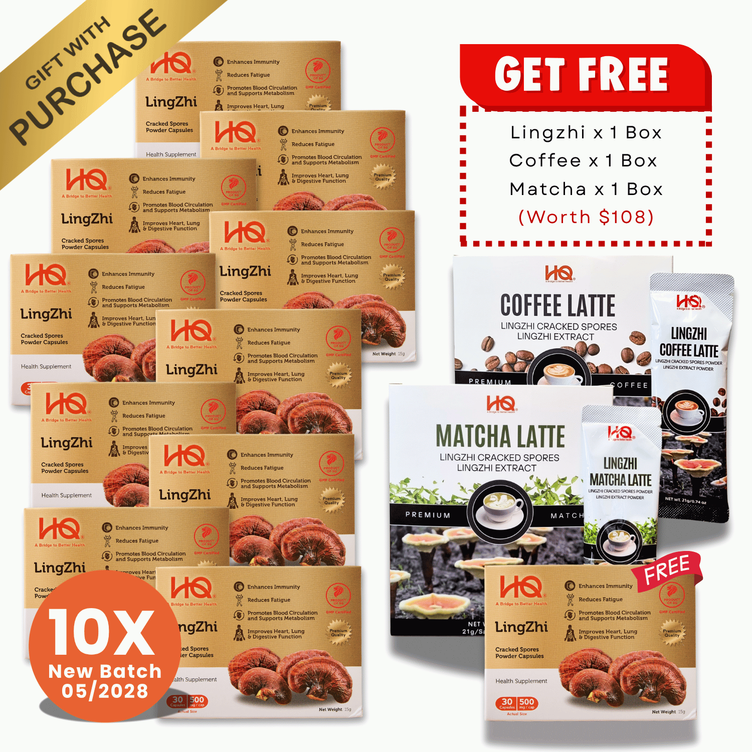 (BUY 10 + 1 + 1 + 1 FREE) HQ Lingzhi 500mg Premium Cracked Spores Powder Capsules