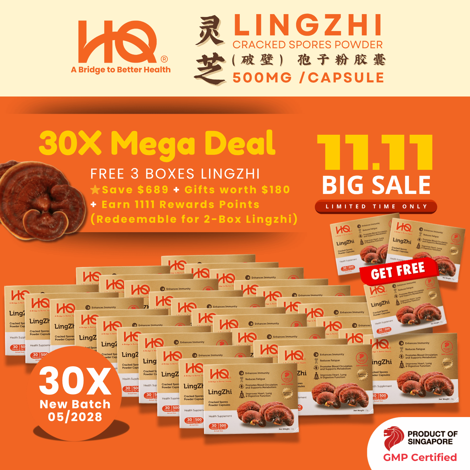 (30X Mega Deal) HQ Lingzhi 500mg Premium Cracked Spores Powder Capsules