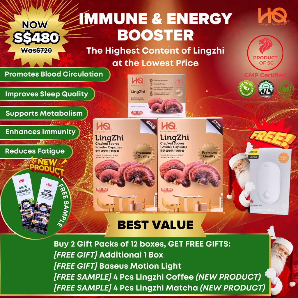 Bundle Deal 4 Special 2024 Lingzhi Cracked Spores - 2 Gift Pack (12 x 30 Capsules @500mg/each) + 1 Additional Box Free (30 capsules @500mg/each) + Free 1 Motion Light + 4pcs Lingzhi Coffee + 4pcs Lingzhi Matcha