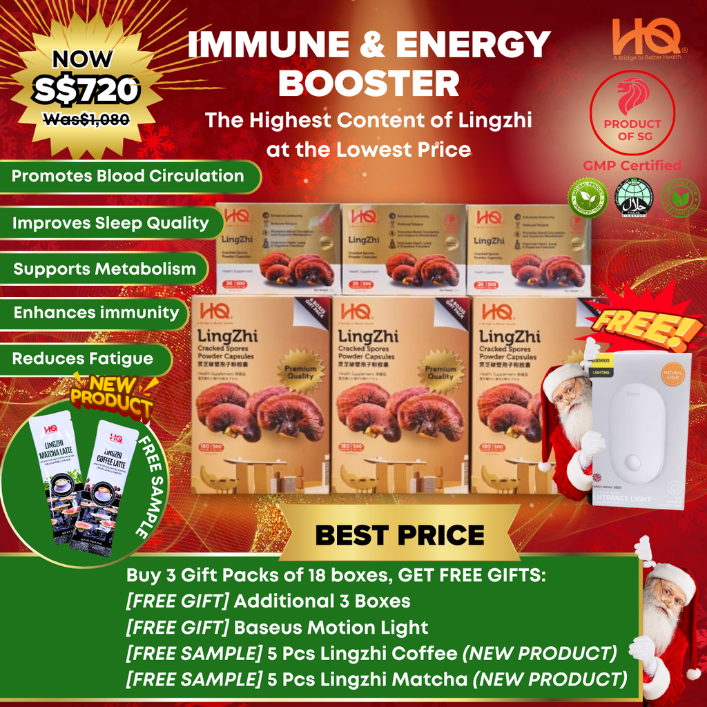 Bundle Deal 5 Package 2024 HQ Lingzhi Cracked Spores - 3 Gift Pack Of 6 Boxes (18 x 30 Capsules @500mg/each) + Free 3 Boxes Lingzhi (3 x 30 Capsules @500mg/each) + Free 1 Motion Light + 5pcs Lingzhi Coffee + 5pcs Lingzhi Matcha