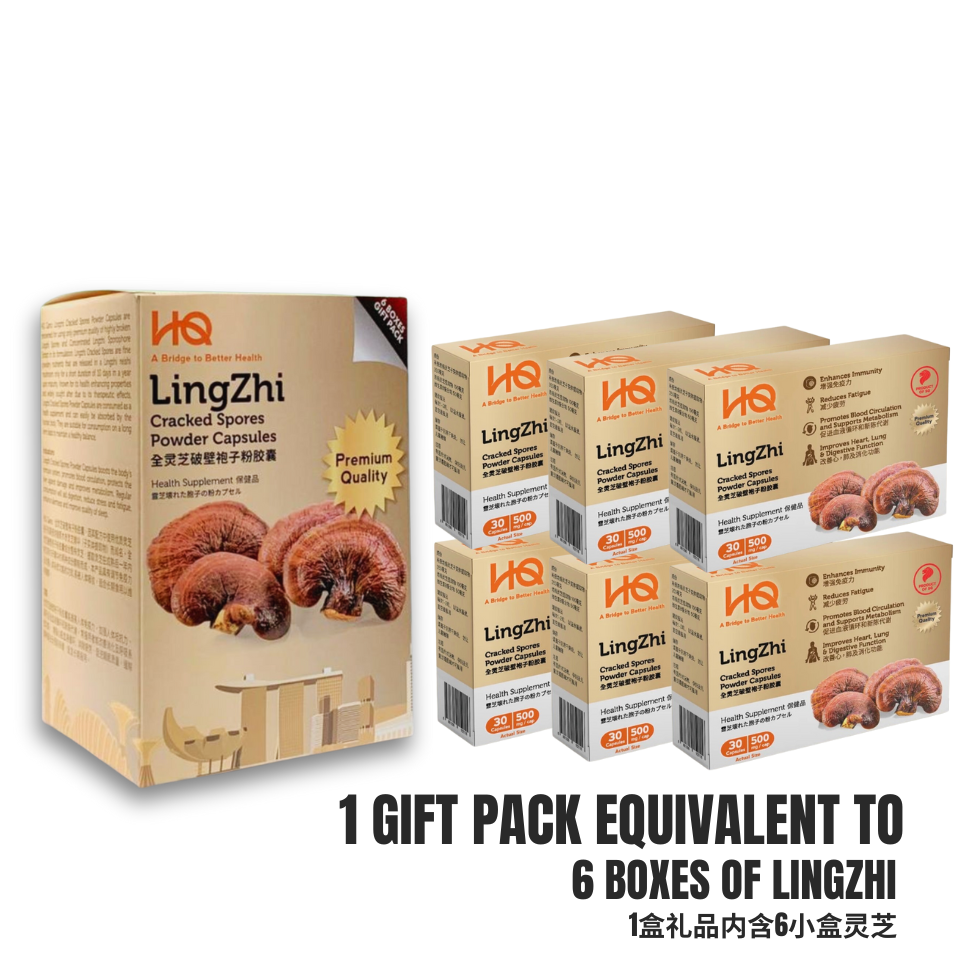 [Malaysia Only Promo] Bundle Deal 5 Special Package 2025 HQ Lingzhi Cracked Spores - 3 Gift Pack Of 6 Boxes (18 x 30 Capsules @500mg/each) + Additional 3 Boxes Lingzhi (3 x 30 Capsules @500mg/each) + Free Gifts