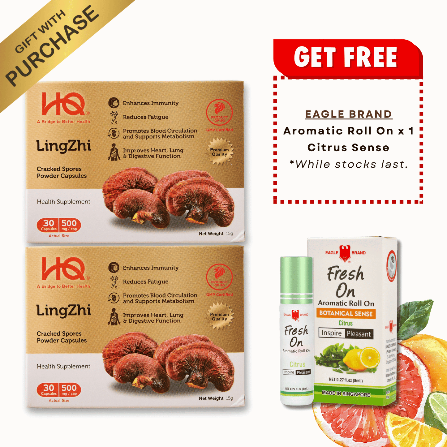 (Bundle of 2 + Free Gift) HQ Lingzhi 500mg Premium Cracked Spores Powder Capsules