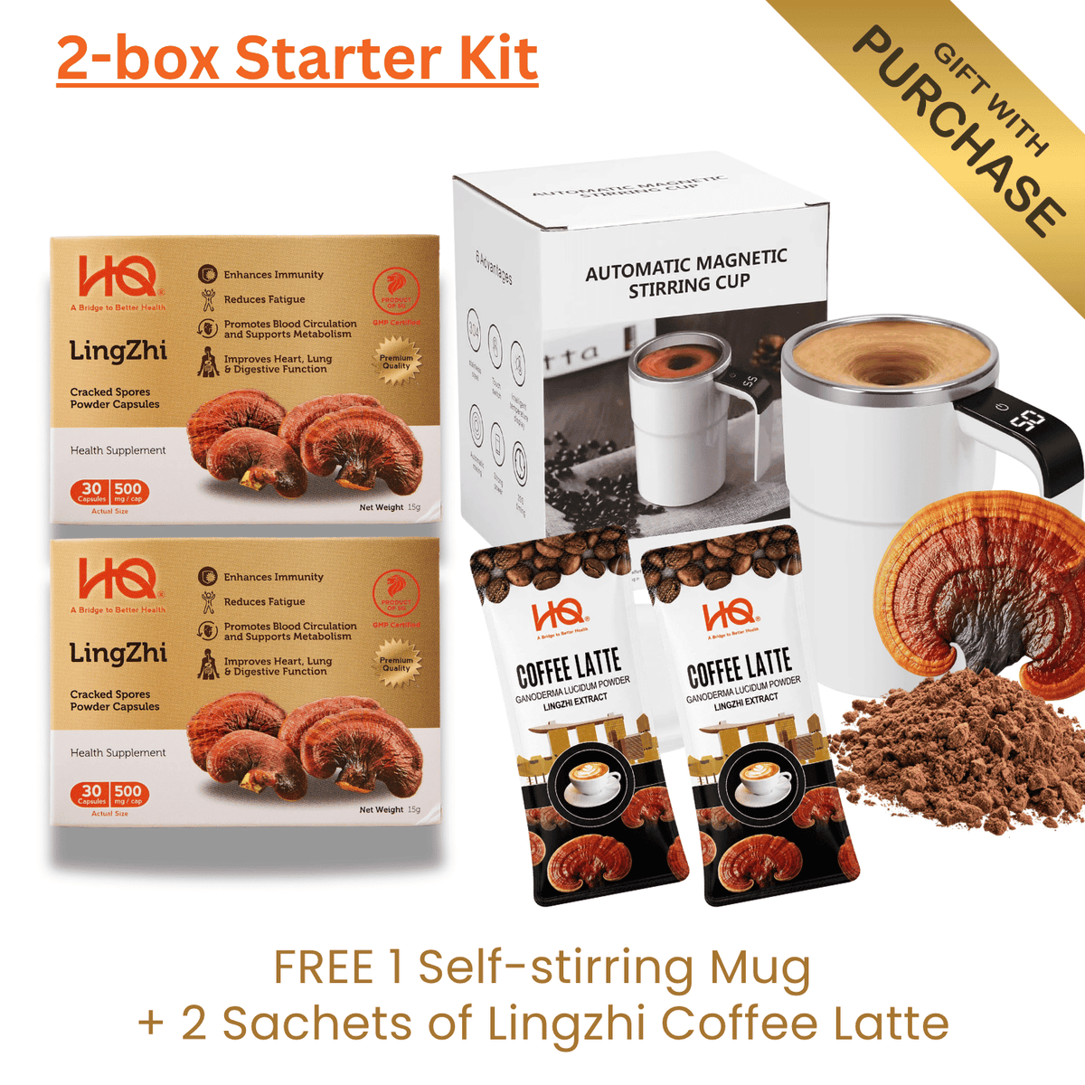 (2-Box Starter Kit + Free Gift) HQ Lingzhi 500mg Premium Cracked Spores Powder Capsules - HQ Lingzhi Singapore