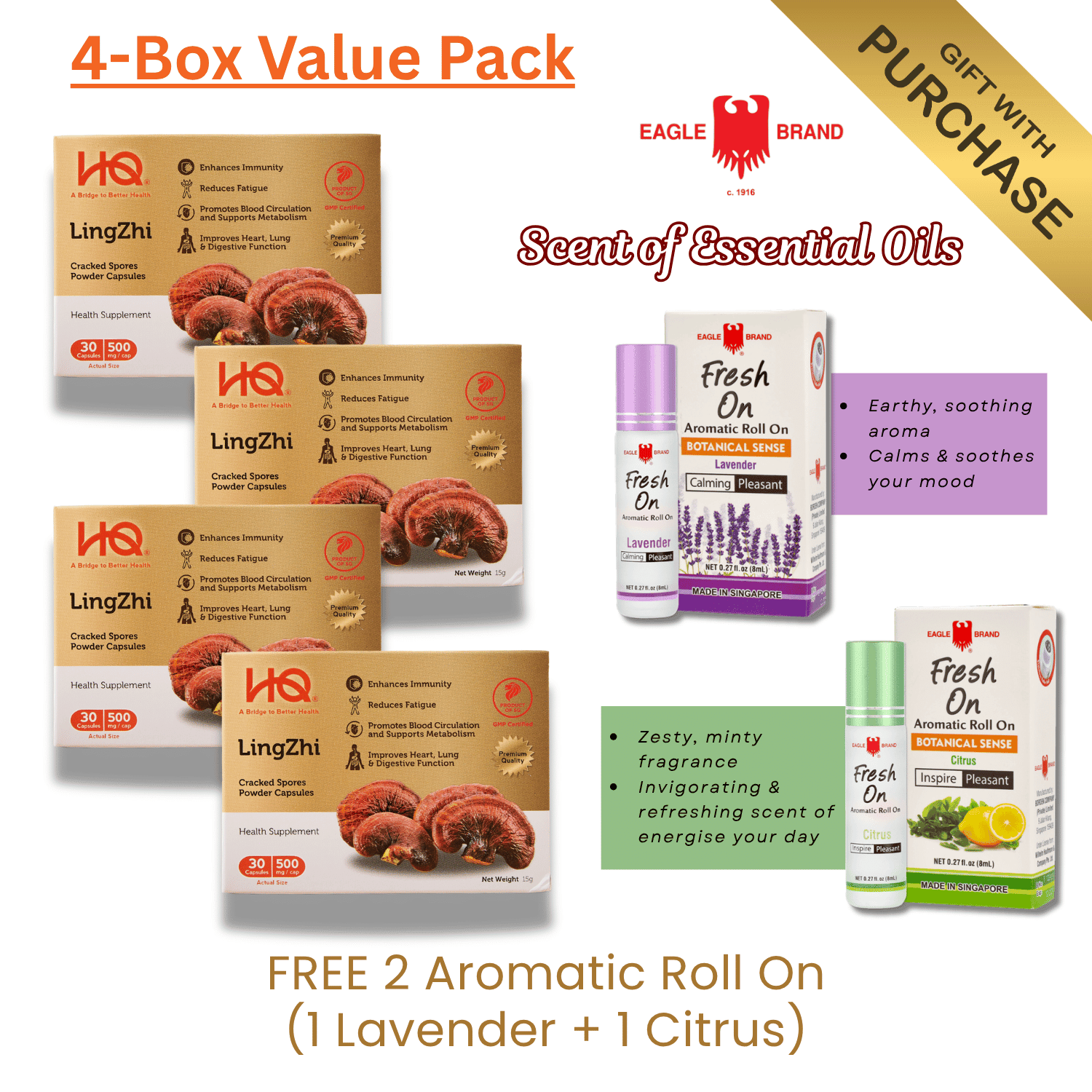 (4-box Value Pack) HQ Lingzhi 500mg Cracked Spores Powder Capsules – Immunity Supplement - HQ Lingzhi Singapore