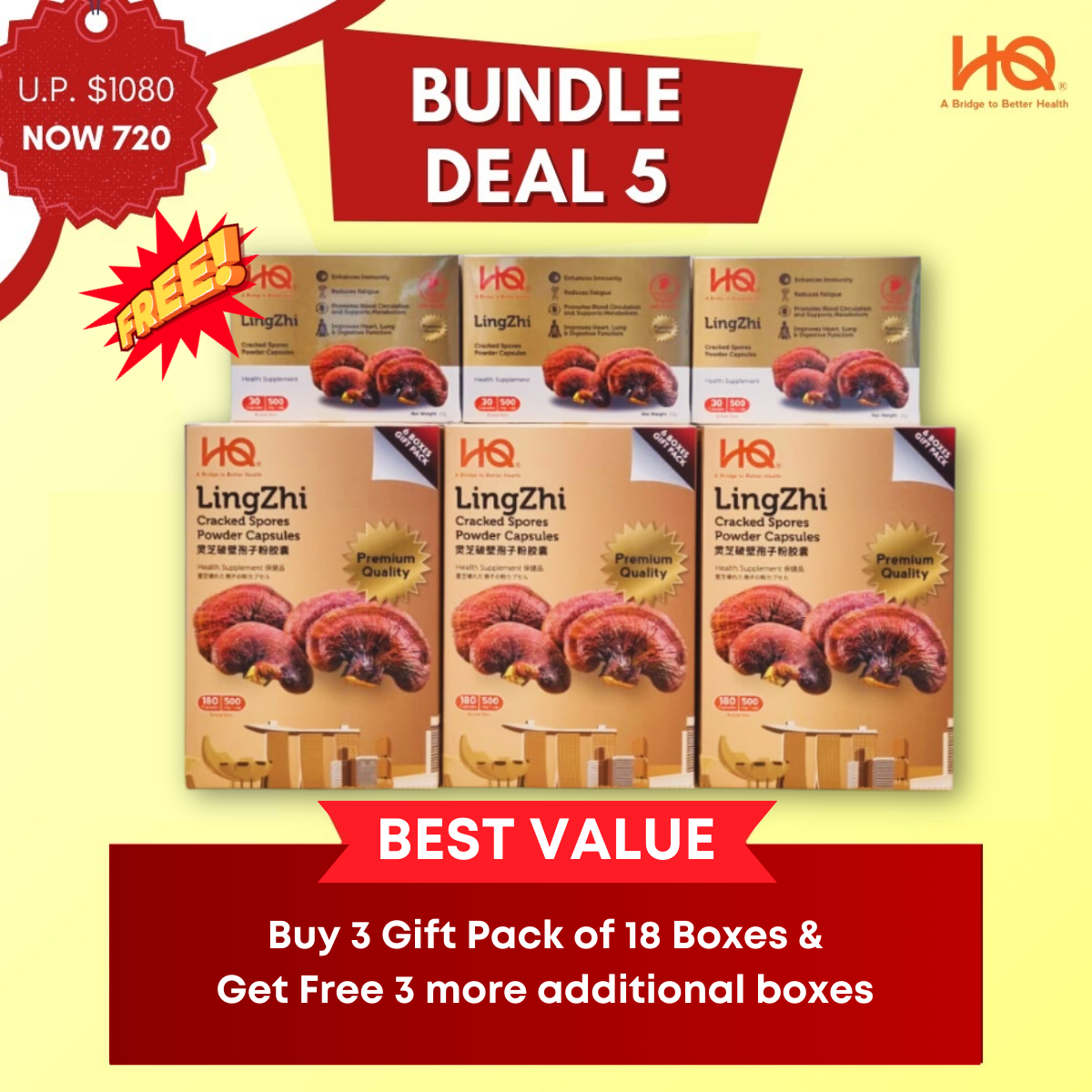 [Malaysia Only Promo] Bundle Deal 5 Special Package 2024 HQ Lingzhi Cracked Spores - 3 Gift Pack Of 6 Boxes (18 x 30 Capsules @500mg/each) + Additional 3 Boxes Lingzhi (3 x 30 Capsules @500mg/each) (usual price $1,080)