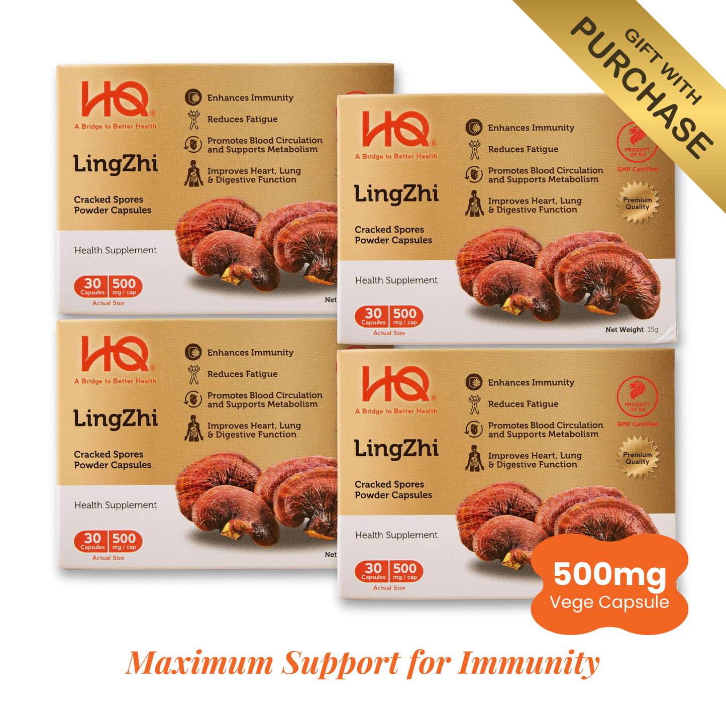(Bundle of 4 + 2 Free Gift) HQ Lingzhi 500mg Premium Cracked Spores Powder Capsules