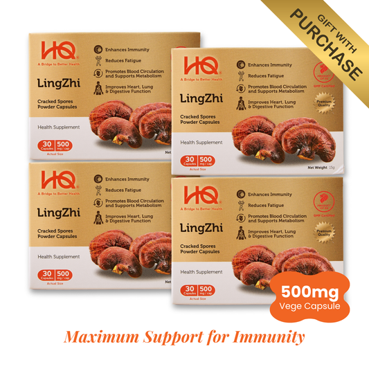 (Bundle of 4 + 2 Free Gift) HQ Lingzhi 500mg Premium Cracked Spores Powder Capsules