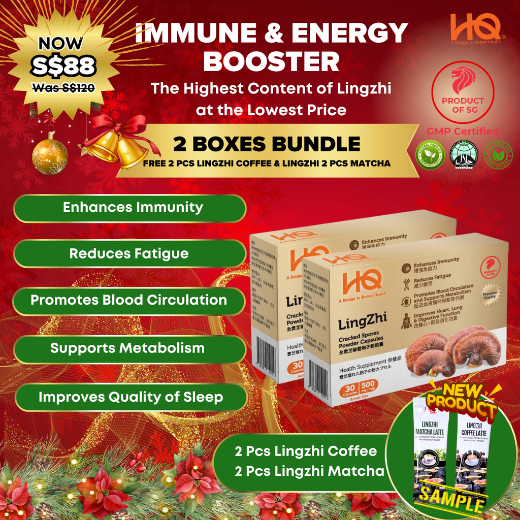 Bundle Deal 2 HQ Lingzhi Cracked Spores Powder Capsules 2 Boxes Bundle at $88 (usual price $120) Get Free Sample 2 pcs Lingzhi Coffee Latte & 2 pcs Lingzhi Matcha Latte for a limited time only!!!