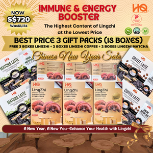 Bundle Deal 5 Package 2025 HQ Lingzhi Cracked Spores - 3 Gift Pack Of 6 Boxes (18 x 30 Capsules @500mg/each) + Free 3 Boxes Lingzhi (3 x 30 Capsules @500mg/each) + Free 2 Boxes of Lingzhi Coffee + 2 Boxes of Lingzhi Matcha