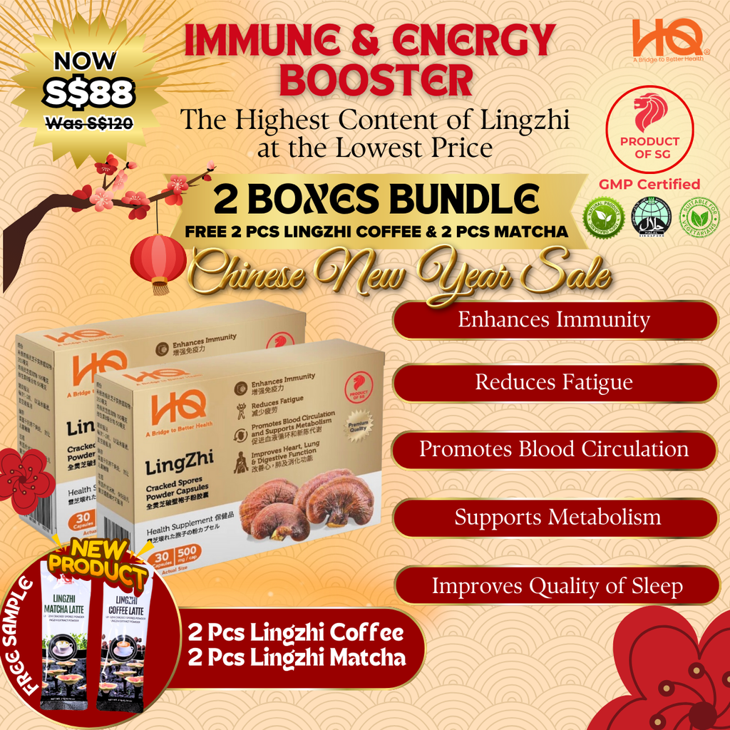 Bundle Deal 2 HQ Lingzhi Cracked Spores Powder Capsules 2 Boxes Bundle at $88 (usual price $120) Get Free Sample 2 pcs Lingzhi Coffee Latte & 2 pcs Lingzhi Matcha Latte for a limited time only!!!