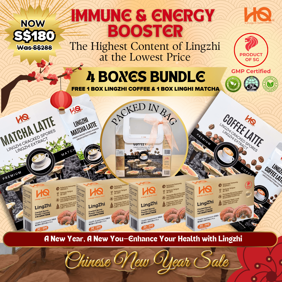 (HQ GANO) {CNY BUNDLE 4 BOXES IN A BAG} HQ Lingzhi 4 Boxes Lingzhi + Free 1 Box Lingzhi Coffee + 1 Box Lingzhi Matcha