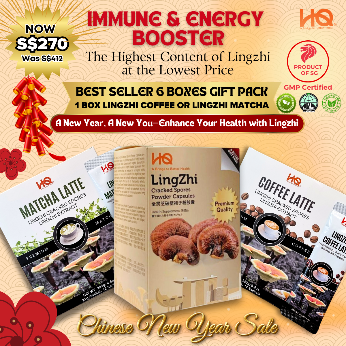 {COMBO PACK} Lingzhi Cracked Spores - 1 Gift Pack Of 6 Boxes (6 x 30 capsules @ 500mg/each) + 1 Box of Lingzhi Coffee + 1 Box of Lingzhi Matcha