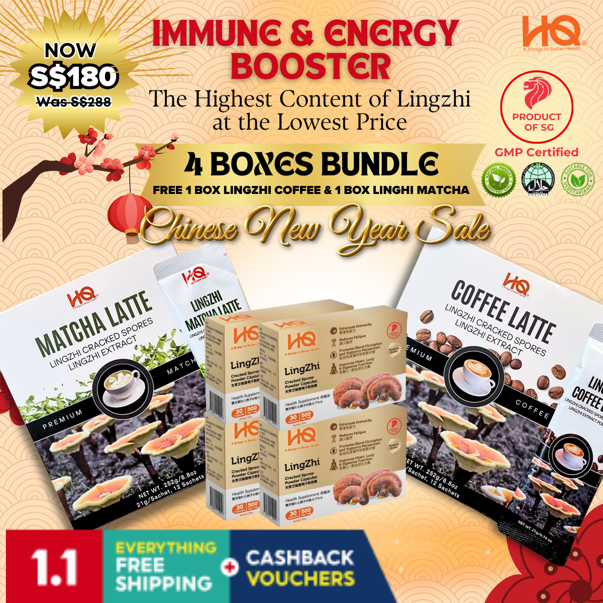 (HQ GANO) {CNY BUNDLE 4 BOXES IN A BAG} HQ Lingzhi 4 Boxes Lingzhi + Free 1 Box Lingzhi Coffee + 1 Box Lingzhi Matcha