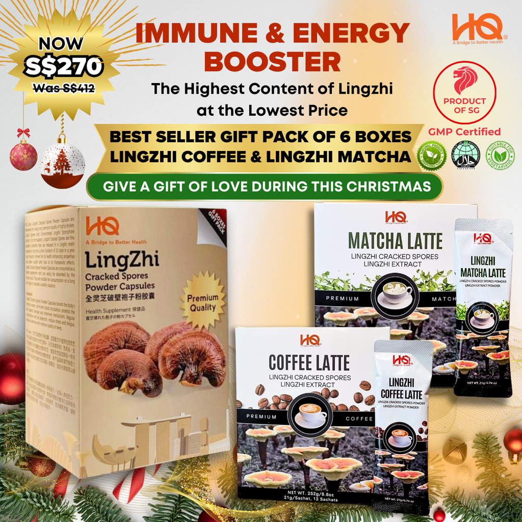 {STAR BUY} Lingzhi Cracked Spores - 1 Gift Pack Of 6 Boxes (6 x 30 capsules @ 500mg/each) + 1 Box of Lingzhi Coffee + 1 Box of Lingzhi Matcha