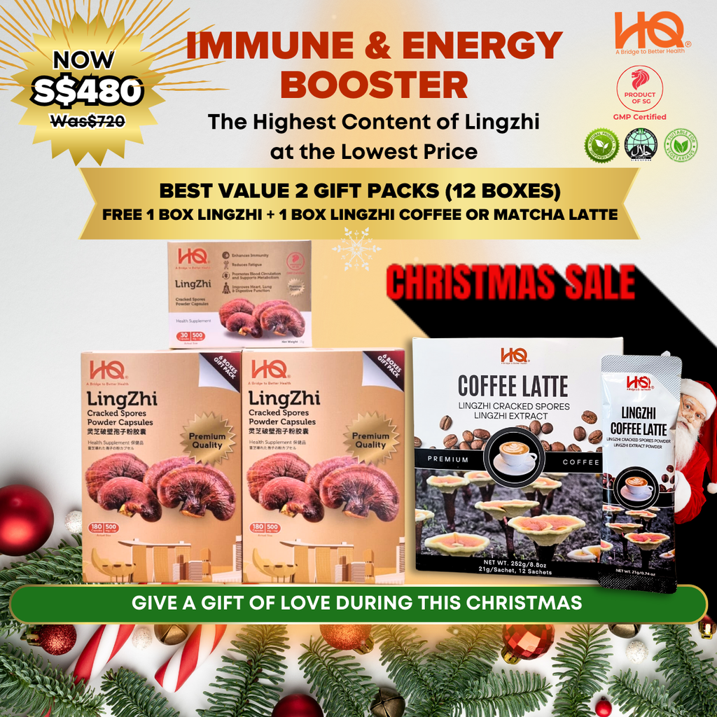 Bundle Deal 4 Special 2024 Lingzhi Cracked Spores - 2 Gift Pack (12 x 30 Capsules @500mg/each) + 1 Additional Box Free (30 capsules @500mg/each) + Free (either 1 Box of Lingzhi Coffee or 1 Box of Lingzhi Matcha)