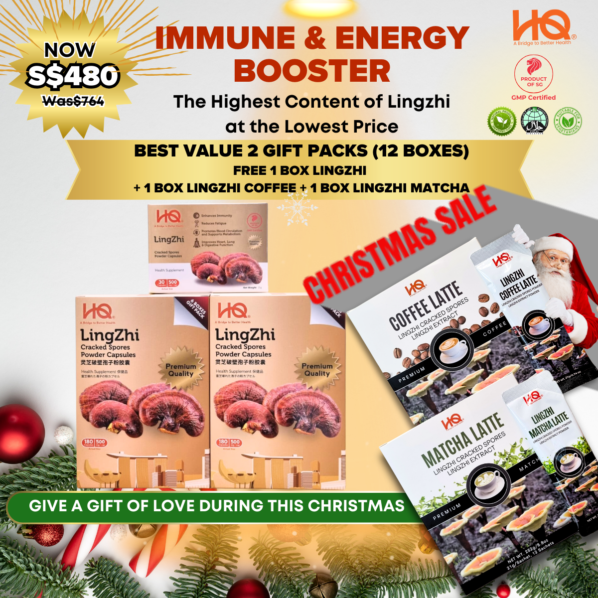 Bundle Deal 4 Special 2024 Lingzhi Cracked Spores - 2 Gift Pack (12 x 30 Capsules @500mg/each) + 1 Additional Box Free (30 capsules @500mg/each) + Free 1 Box of Lingzhi Coffee + 1 Box of Lingzhi Matcha