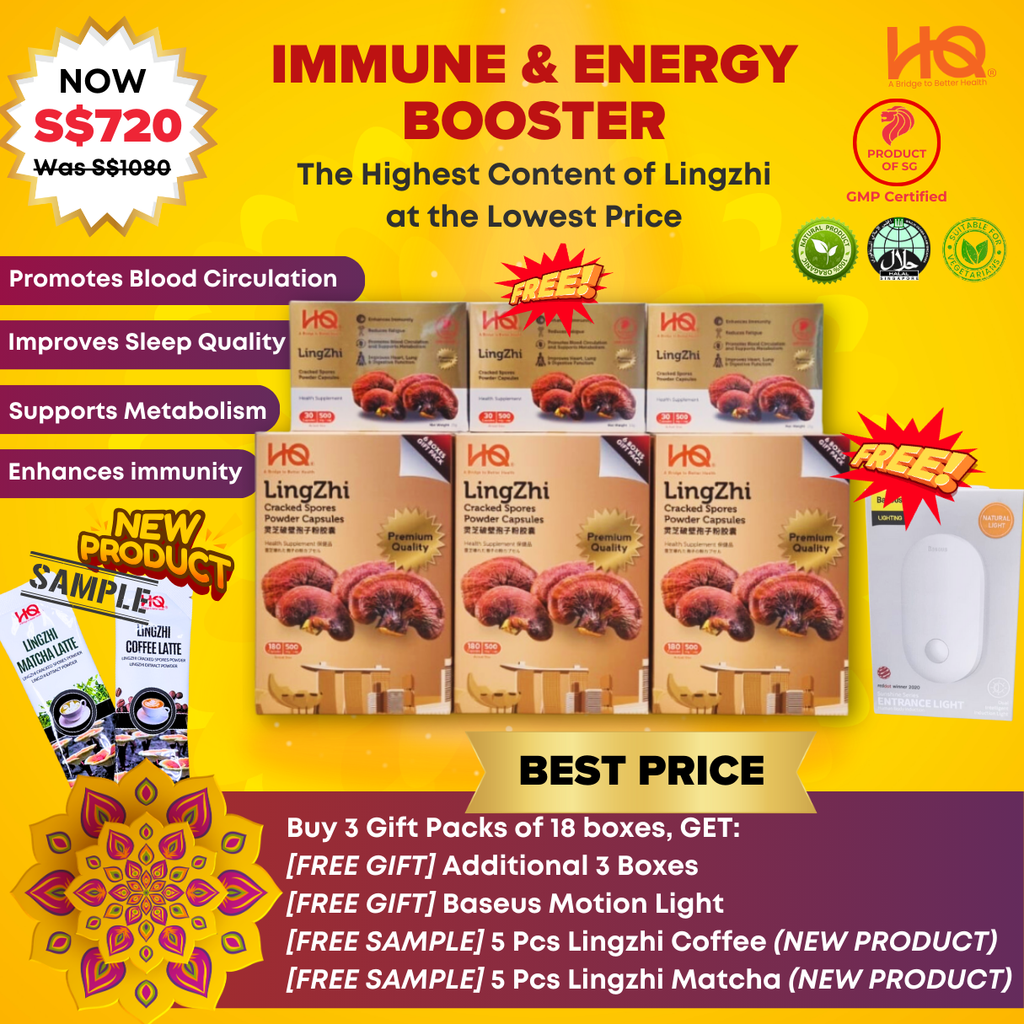 Bundle Deal 5 Package 2024 HQ Lingzhi Cracked Spores - 3 Gift Pack Of 6 Boxes (18 x 30 Capsules @500mg/each) + Free 3 Boxes Lingzhi (3 x 30 Capsules @500mg/each) + 1 Baseus Motion Light + Free 5 pcs Lingzhi Coffee & 5 pcs Lingzhi Matcha Latte