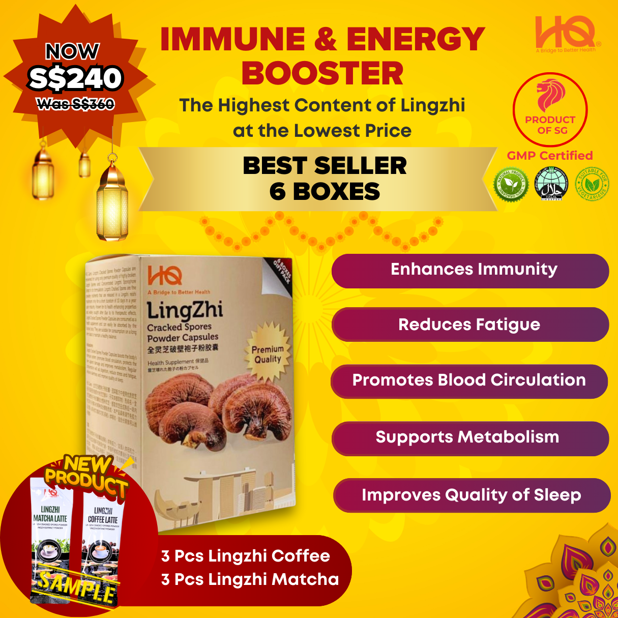 { STAR BUY} Lingzhi Cracked Spores - 1 Gift Pack Of 6 Boxes (6 x 30 capsules @ 500mg/each) Get Free 3 pcs Lingzhi Coffee Latte & 3 pcs Lingzhi Matcha Latte