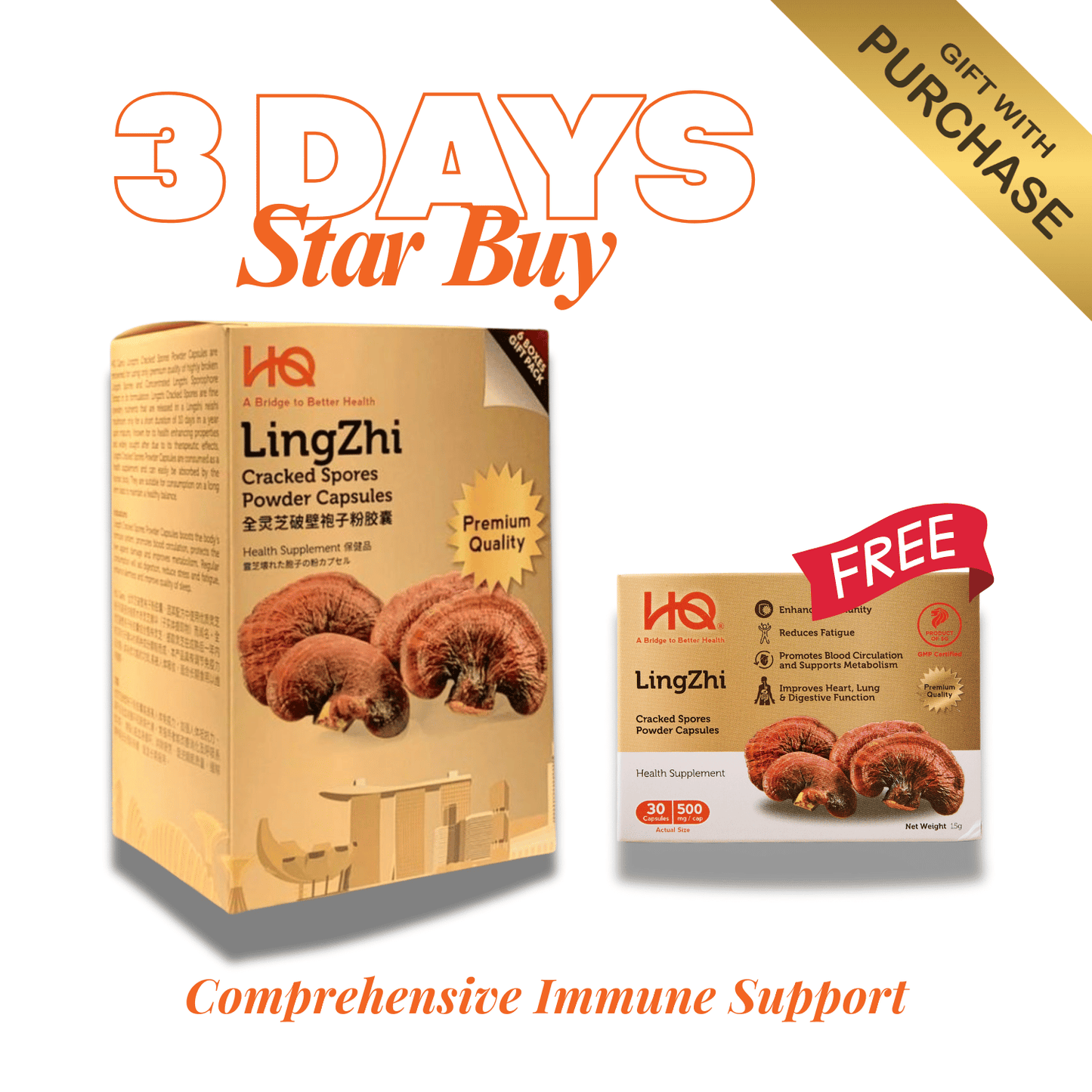 (Gift Pack + Free Gift) HQ Lingzhi 500mg Premium Cracked Spores Powder Capsules