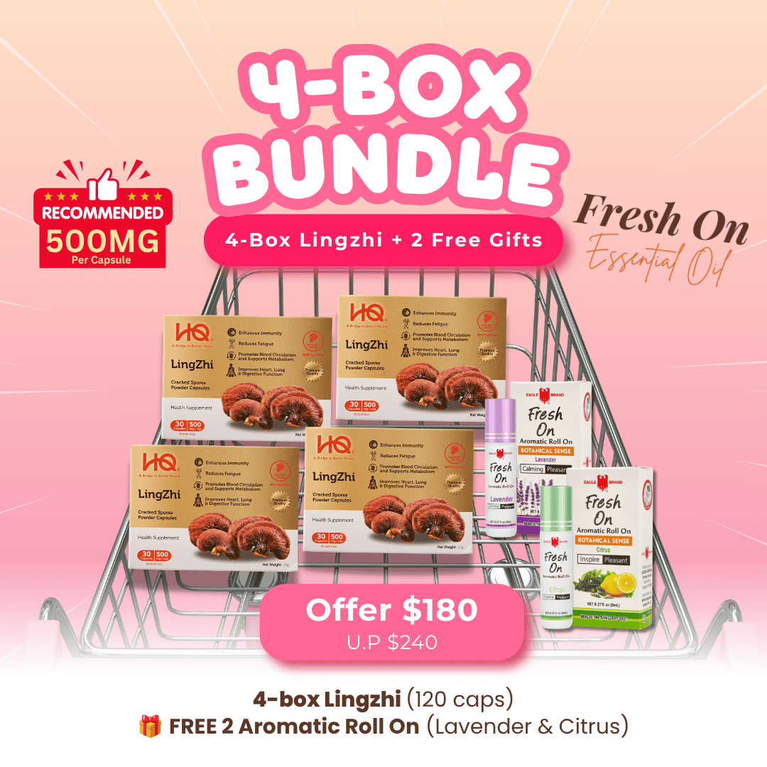 (4-box Value Pack) HQ Lingzhi 500mg Cracked Spores Powder Capsules – Immunity Supplement - HQ Lingzhi Singapore