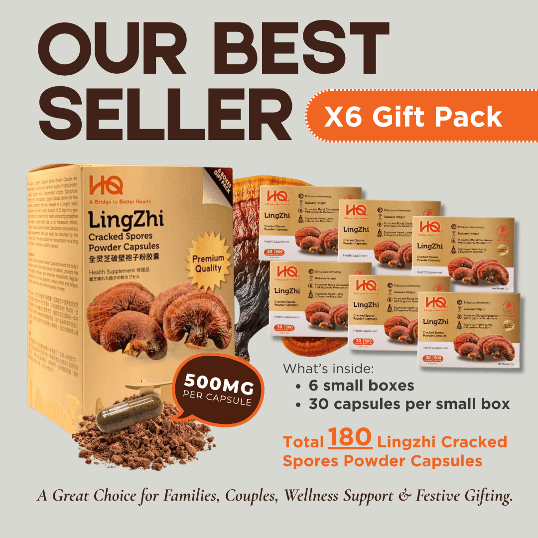(1 Gift Pack X6) HQ Lingzhi 500mg Premium Cracked Spores Powder Capsules - HQ Lingzhi Singapore