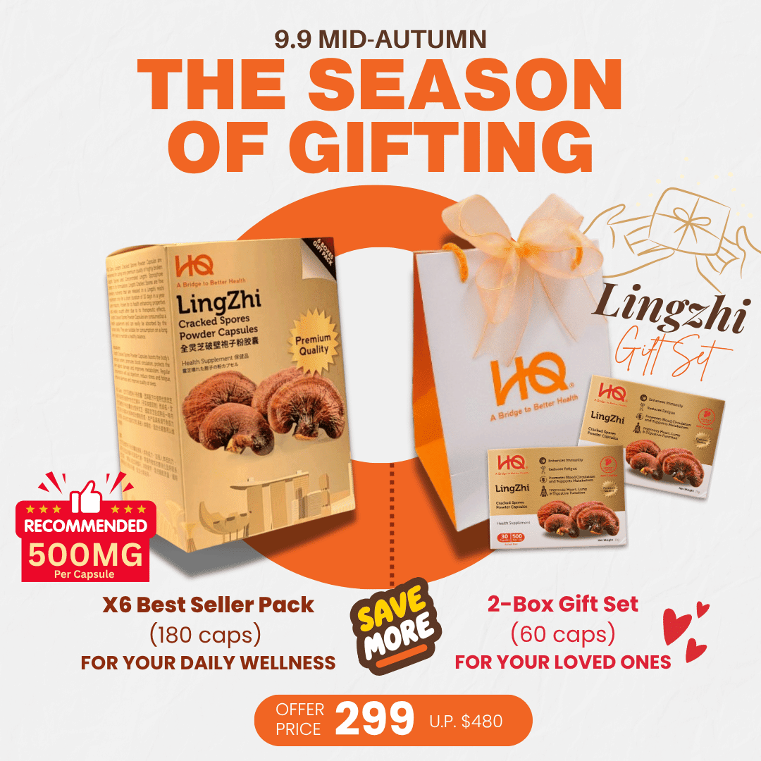 (1 Gift Pack X6) HQ Lingzhi 500mg Premium Cracked Spores Powder Capsules - HQ Lingzhi Singapore