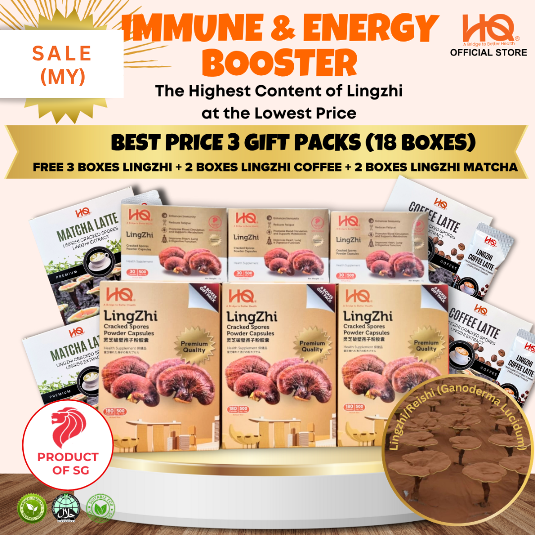 [Malaysia Only Promo] Bundle Deal 5 Special Package 2025 HQ Lingzhi Cracked Spores - 3 Gift Pack Of 6 Boxes (18 x 30 Capsules @500mg/each) + Additional 3 Boxes Lingzhi (3 x 30 Capsules @500mg/each) + Free Gifts