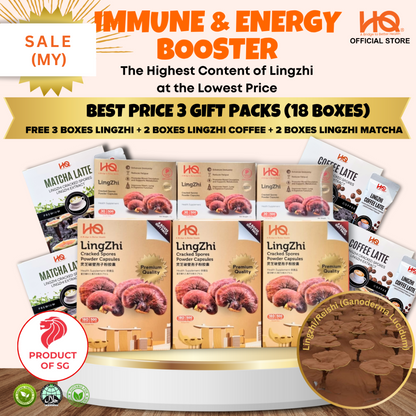[Malaysia Only Promo] Bundle Deal 5 Special Package 2025 HQ Lingzhi Cracked Spores - 3 Gift Pack Of 6 Boxes (18 x 30 Capsules @500mg/each) + Additional 3 Boxes Lingzhi (3 x 30 Capsules @500mg/each) + Free Gifts