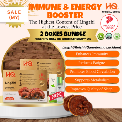 [Malaysia Only Promo] Lingzhi Cracked Spores - 2 Boxes Bundle (2 x 30 Capules @500mg/each) + GET FREE 1 Aromatherapy Roll On Oil