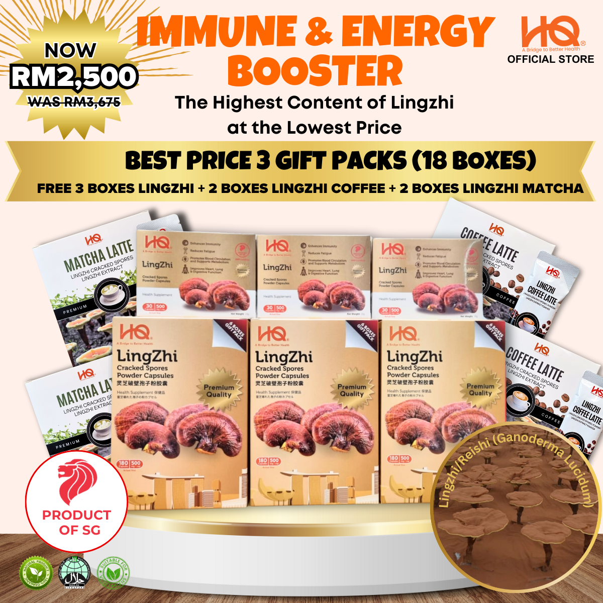 [Malaysia Only Promo] Bundle Deal 5 Special Package 2025 HQ Lingzhi Cracked Spores - 3 Gift Pack Of 6 Boxes (18 x 30 Capsules @500mg/each) + Additional 3 Boxes Lingzhi (3 x 30 Capsules @500mg/each) + Free Gifts