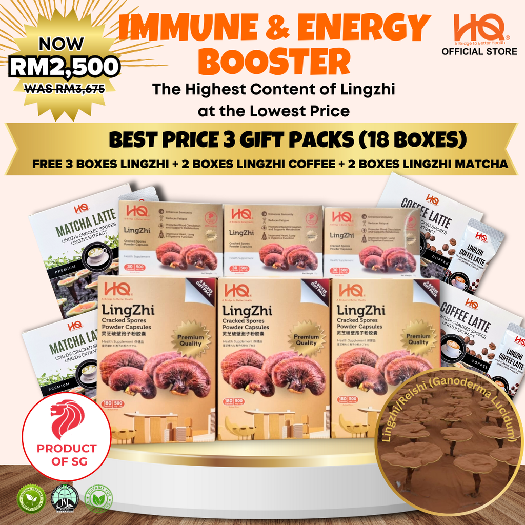 [Malaysia Only Promo] Bundle Deal 5 Special Package 2025 HQ Lingzhi Cracked Spores - 3 Gift Pack Of 6 Boxes (18 x 30 Capsules @500mg/each) + Additional 3 Boxes Lingzhi (3 x 30 Capsules @500mg/each) + Free Gifts