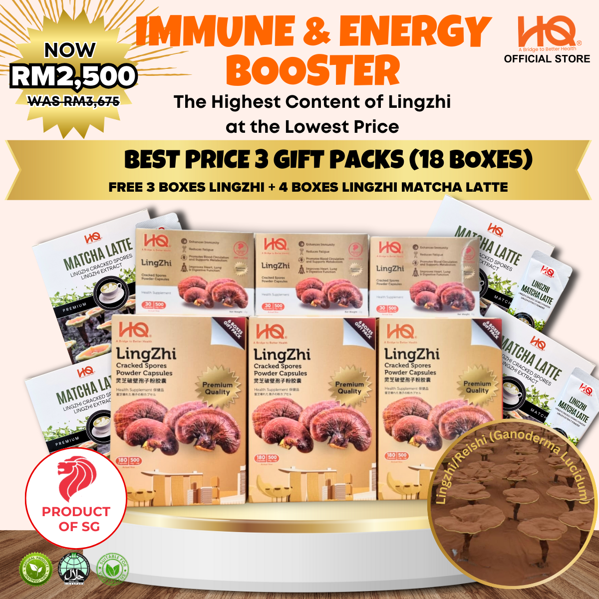 [Malaysia Only Promo] Bundle Deal 5 Special Package 2025 HQ Lingzhi Cracked Spores - 3 Gift Pack Of 6 Boxes (18 x 30 Capsules @500mg/each) + Additional 3 Boxes Lingzhi (3 x 30 Capsules @500mg/each) + Free Gifts