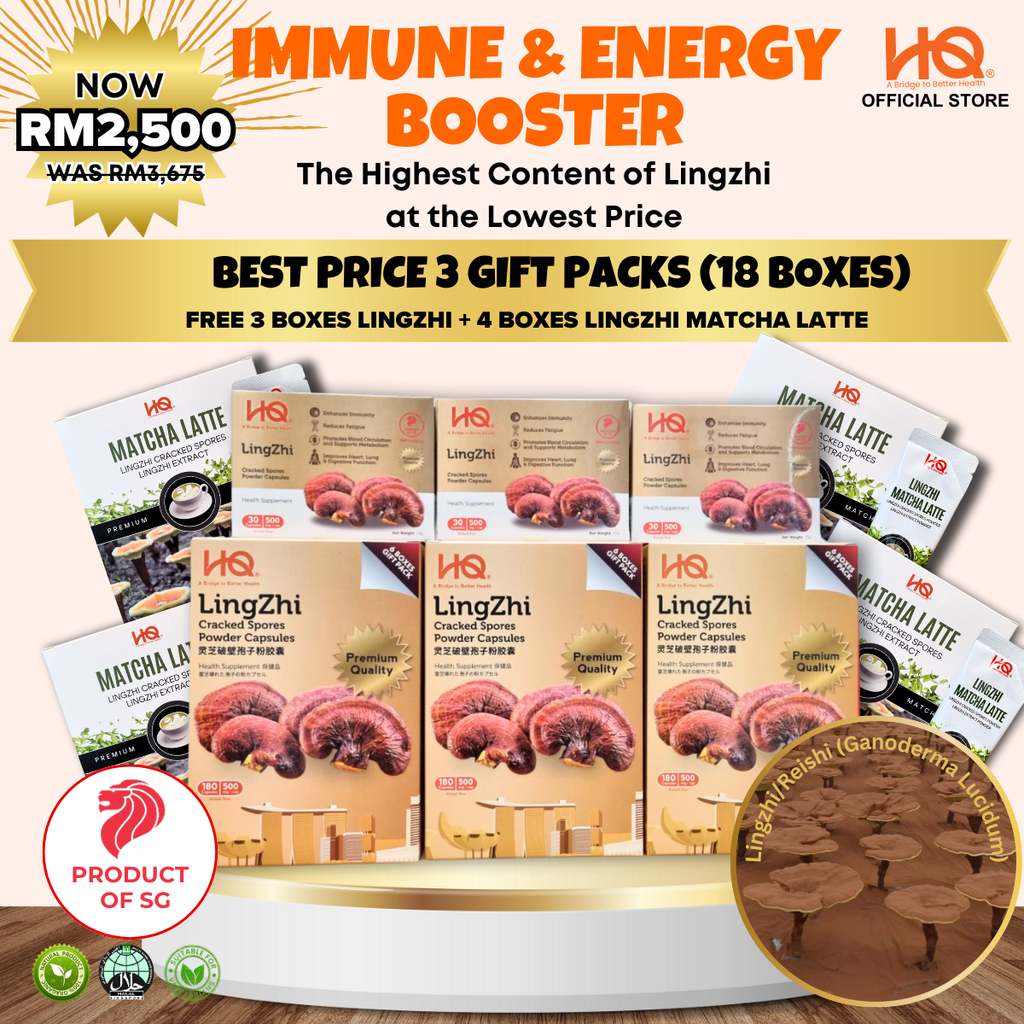 [Malaysia Only Promo] Bundle Deal 5 Special Package 2025 HQ Lingzhi Cracked Spores - 3 Gift Pack Of 6 Boxes (18 x 30 Capsules @500mg/each) + Additional 3 Boxes Lingzhi (3 x 30 Capsules @500mg/each) + Free Gifts