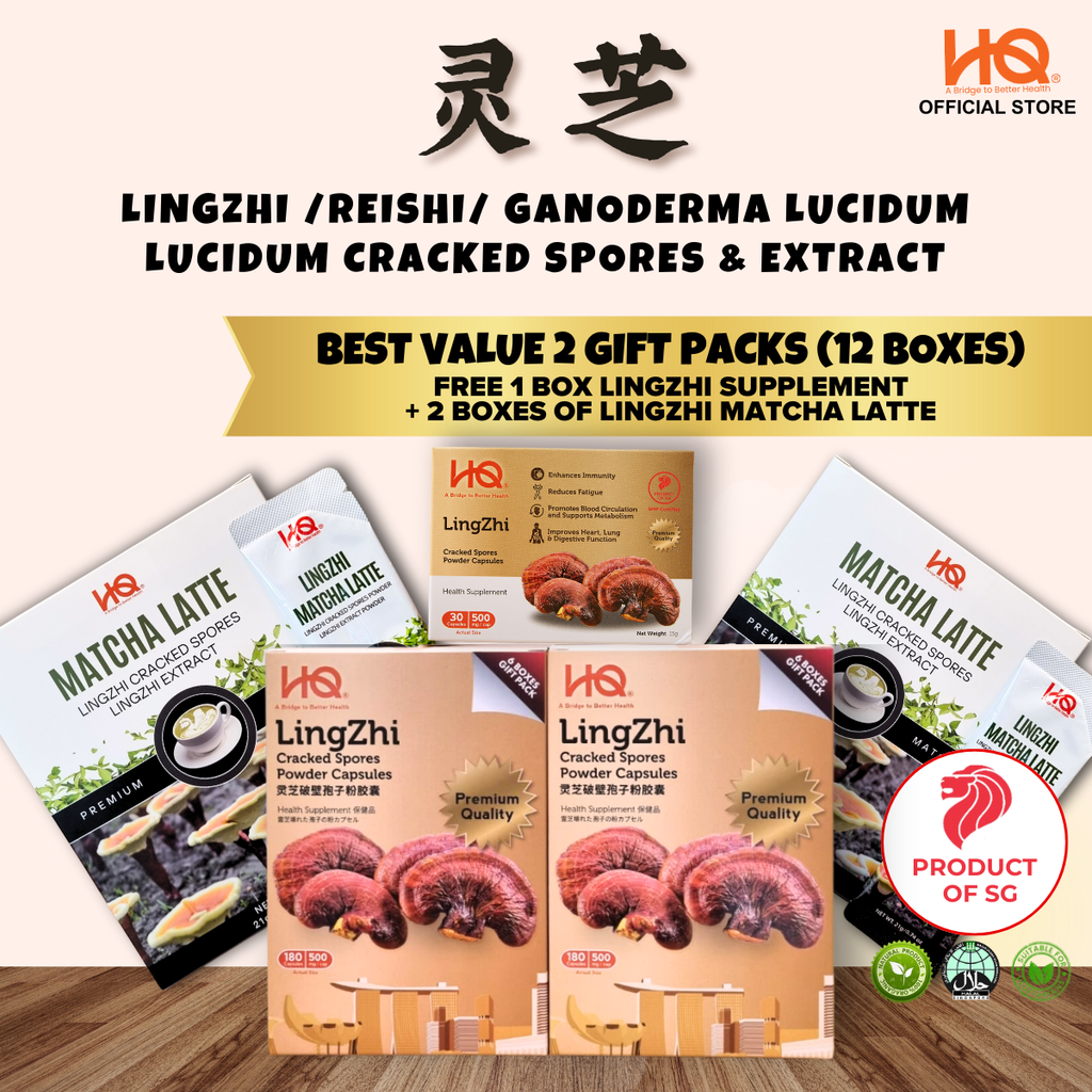 Bundle Deal 4 Special 2025 Lingzhi Cracked Spores - 2 Gift Pack (12 x 30 Capsules @500mg/each) + 1 Additional Box Free (30 capsules @500mg/each) + Free 2 Boxes of Lingzhi Matcha