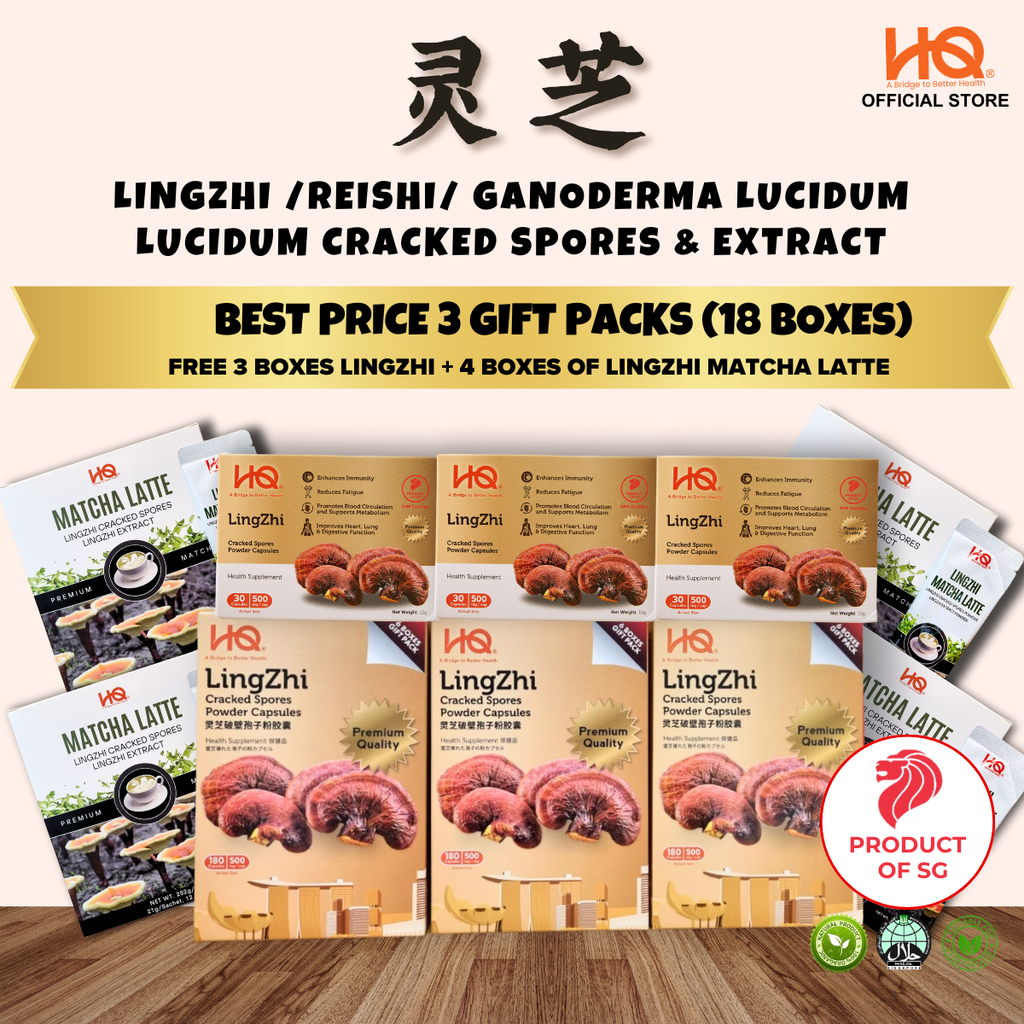 Bundle Deal 5 Package 2025 HQ Lingzhi Cracked Spores - 3 Gift Pack Of 6 Boxes (18 x 30 Capsules @500mg/each) + Free 3 Boxes Lingzhi (3 x 30 Capsules @500mg/each) + Free 4 Boxes Matcha Latte