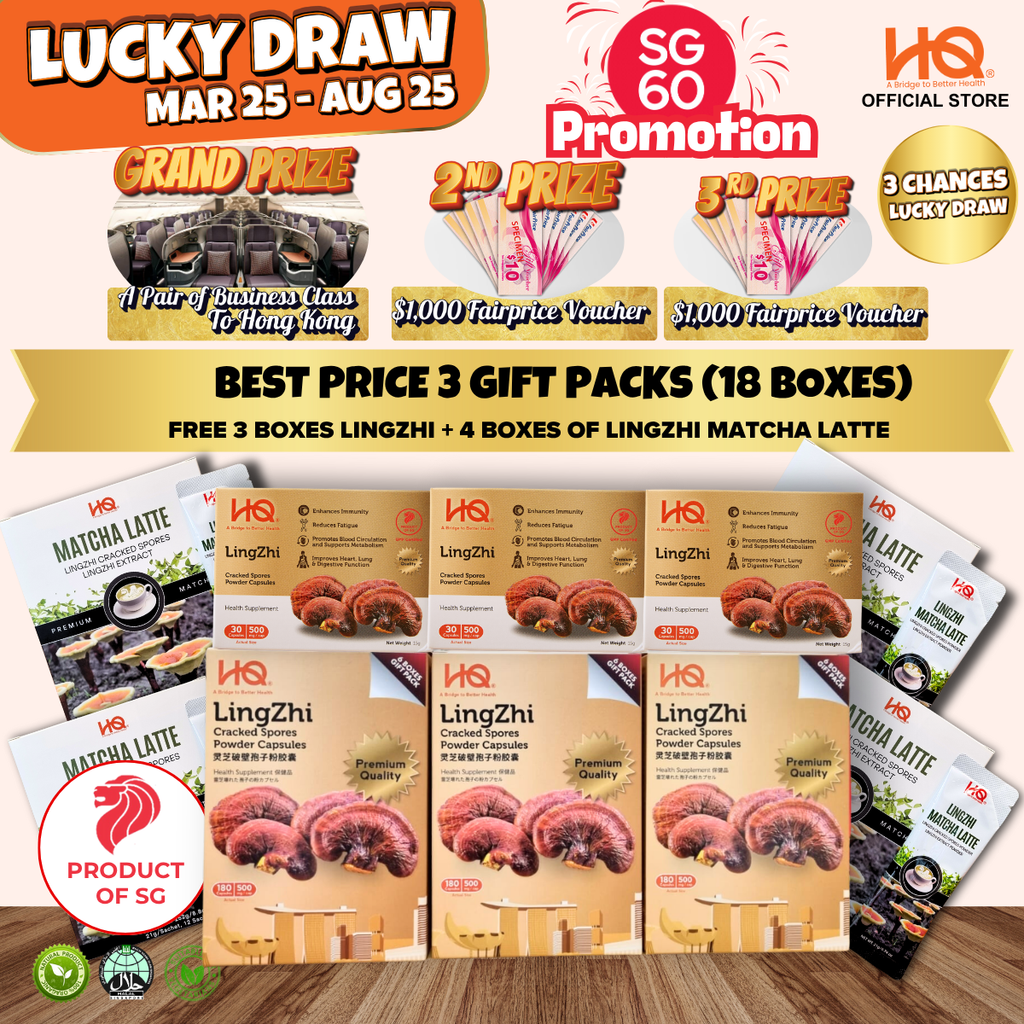 Bundle Deal 5 Package 2025 HQ Lingzhi Cracked Spores - 3 Gift Pack Of 6 Boxes (18 x 30 Capsules @500mg/each) + Free 3 Boxes Lingzhi (3 x 30 Capsules @500mg/each) + Free 4 Boxes Matcha Latte
