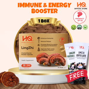 HQ Lingzhi Cracked Spores Powder Capsules - Single Pack (30 Capsules @500mg/each) Get Free Sample 1 Sachet Lingzhi Coffee Latte & 1 Sachet Lingzhi Matcha Latte