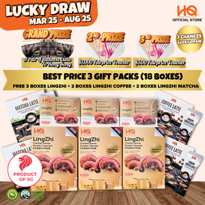 Bundle Deal 5 Package 2025 HQ Lingzhi Cracked Spores - 3 Gift Pack Of 6 Boxes (18 x 30 Capsules @500mg/each) + Free 3 Boxes Lingzhi (3 x 30 Capsules @500mg/each) + Free 2 Boxes of Lingzhi Coffee + 2 Boxes of Lingzhi Matcha