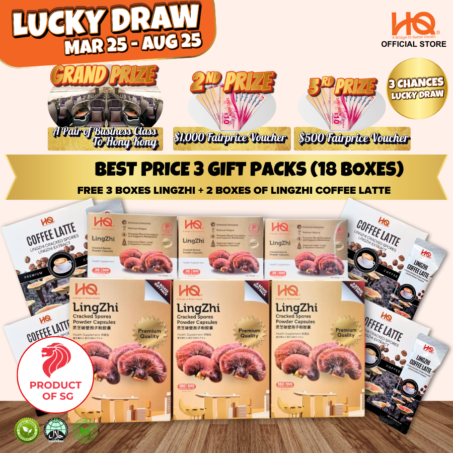 Bundle Deal 5 Package 2025 HQ Lingzhi Cracked Spores - 3 Gift Pack Of 6 Boxes (18 x 30 Capsules @500mg/each) + Free 3 Boxes Lingzhi (3 x 30 Capsules @500mg/each) + Free 2 Boxes of Lingzhi Coffee + 2 Boxes of Lingzhi Matcha