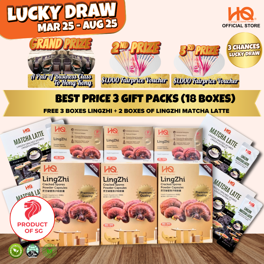 Bundle Deal 5 Package 2025 HQ Lingzhi Cracked Spores - 3 Gift Pack Of 6 Boxes (18 x 30 Capsules @500mg/each) + Free 3 Boxes Lingzhi (3 x 30 Capsules @500mg/each) + Free 2 Boxes of Lingzhi Coffee + 2 Boxes of Lingzhi Matcha