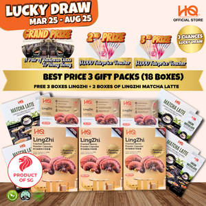 Bundle Deal 5 Package 2025 HQ Lingzhi Cracked Spores - 3 Gift Pack Of 6 Boxes (18 x 30 Capsules @500mg/each) + Free 3 Boxes Lingzhi (3 x 30 Capsules @500mg/each) + Free 2 Boxes of Lingzhi Coffee + 2 Boxes of Lingzhi Matcha
