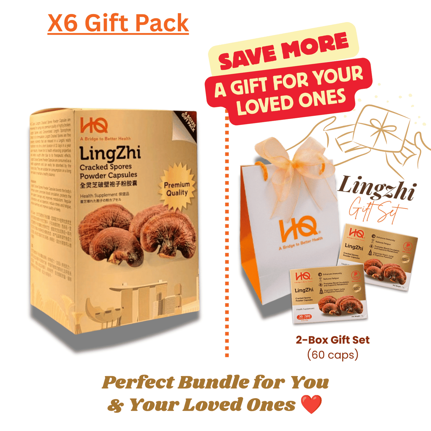 (1 Gift Pack X6) HQ Lingzhi 500mg Premium Cracked Spores Powder Capsules - HQ Lingzhi Singapore